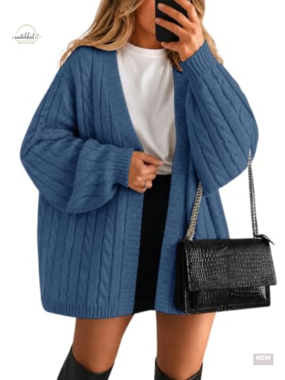 Oversized Cable Knit Cardigan Sweater with Balloon Sleeves
